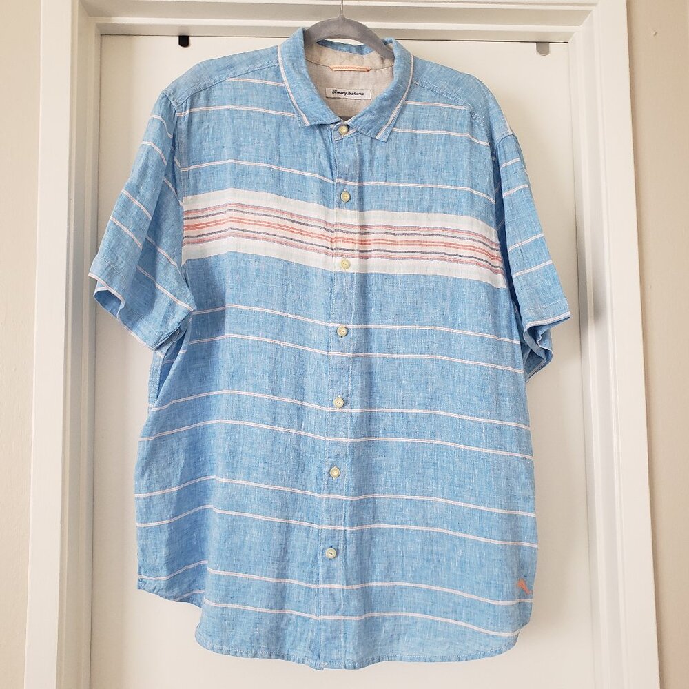Tommy Bahama Linen Shirt Men's XL Stripe Serape Short Sleeve Button Down Blue